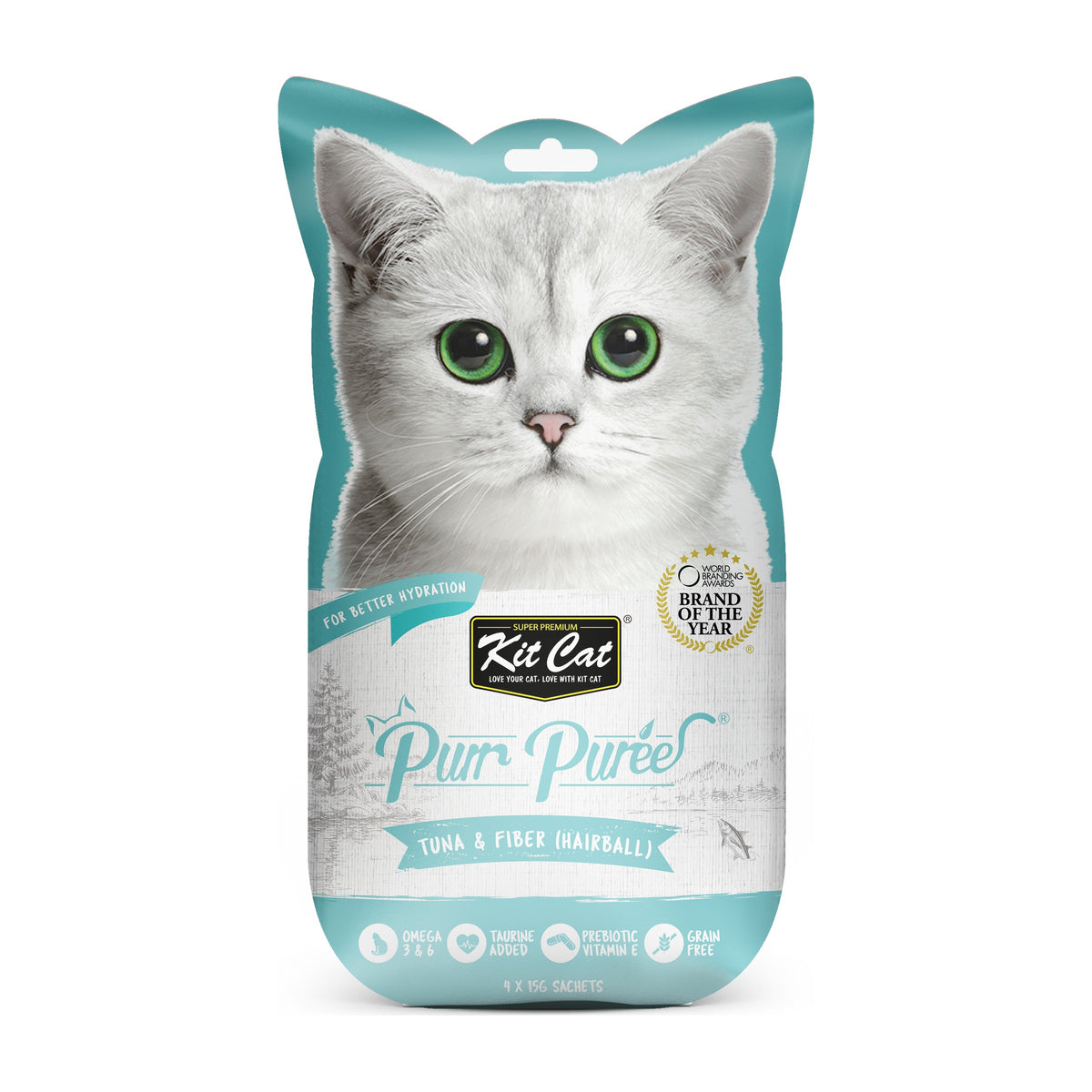 Kit Cat Purr Purée atún y fibra anti bolas de pelo 4 tubos de 15 g empaque frontal