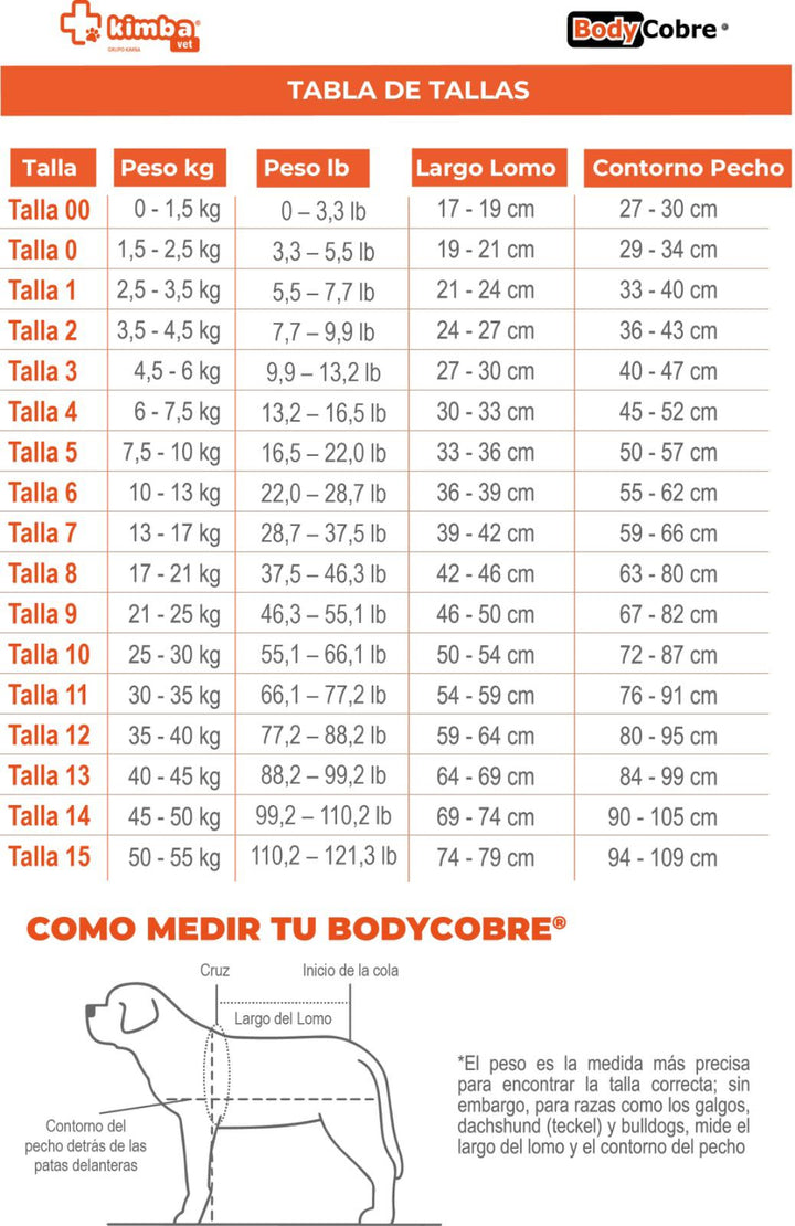 Tabla de tallas Kimba BodyCobre: peso, largo de lomo y contorno de pecho de la talla 00 a la 15