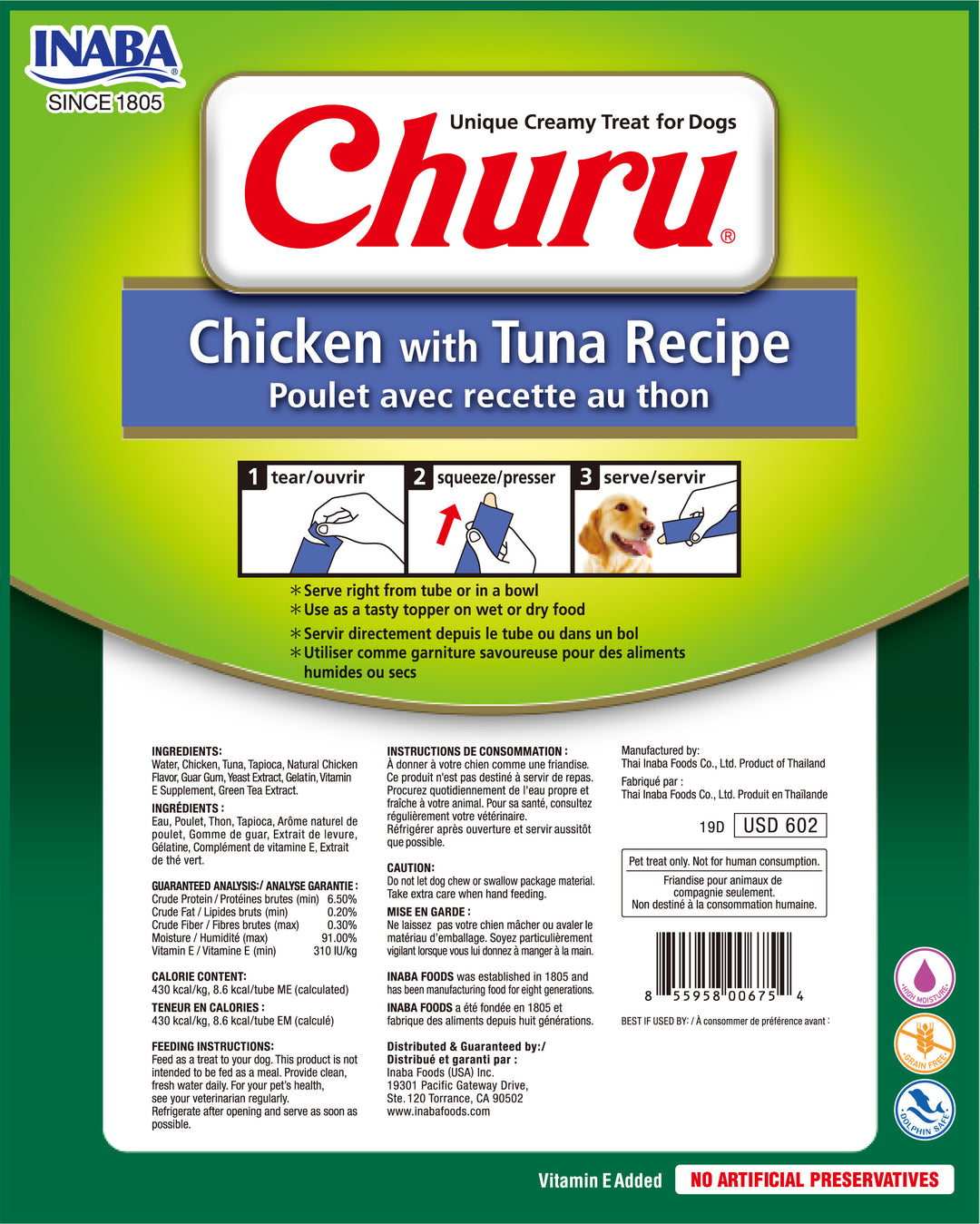 Churu Snack Perros Pollo con Atún 8 Tubos x 20 g, reverso del envase con la información nutricional