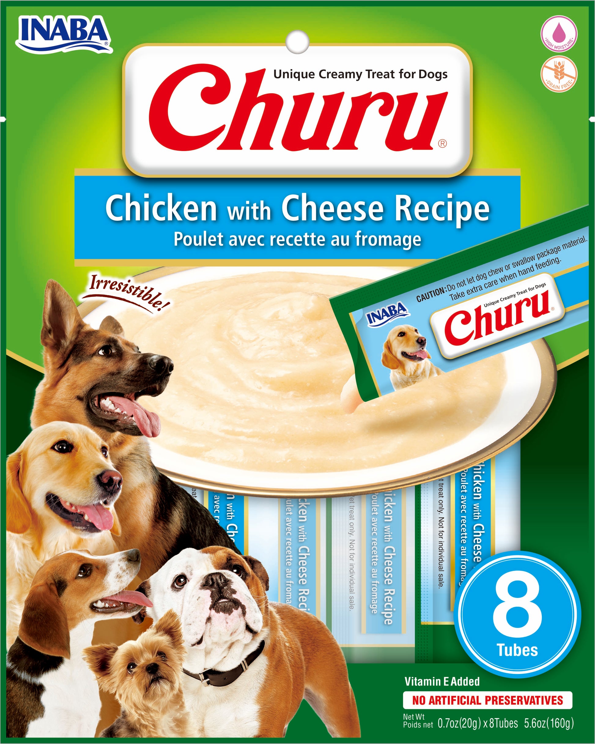 Churu snack líquido pollo con queso para perros 8 tubos 20 grs vista frontal