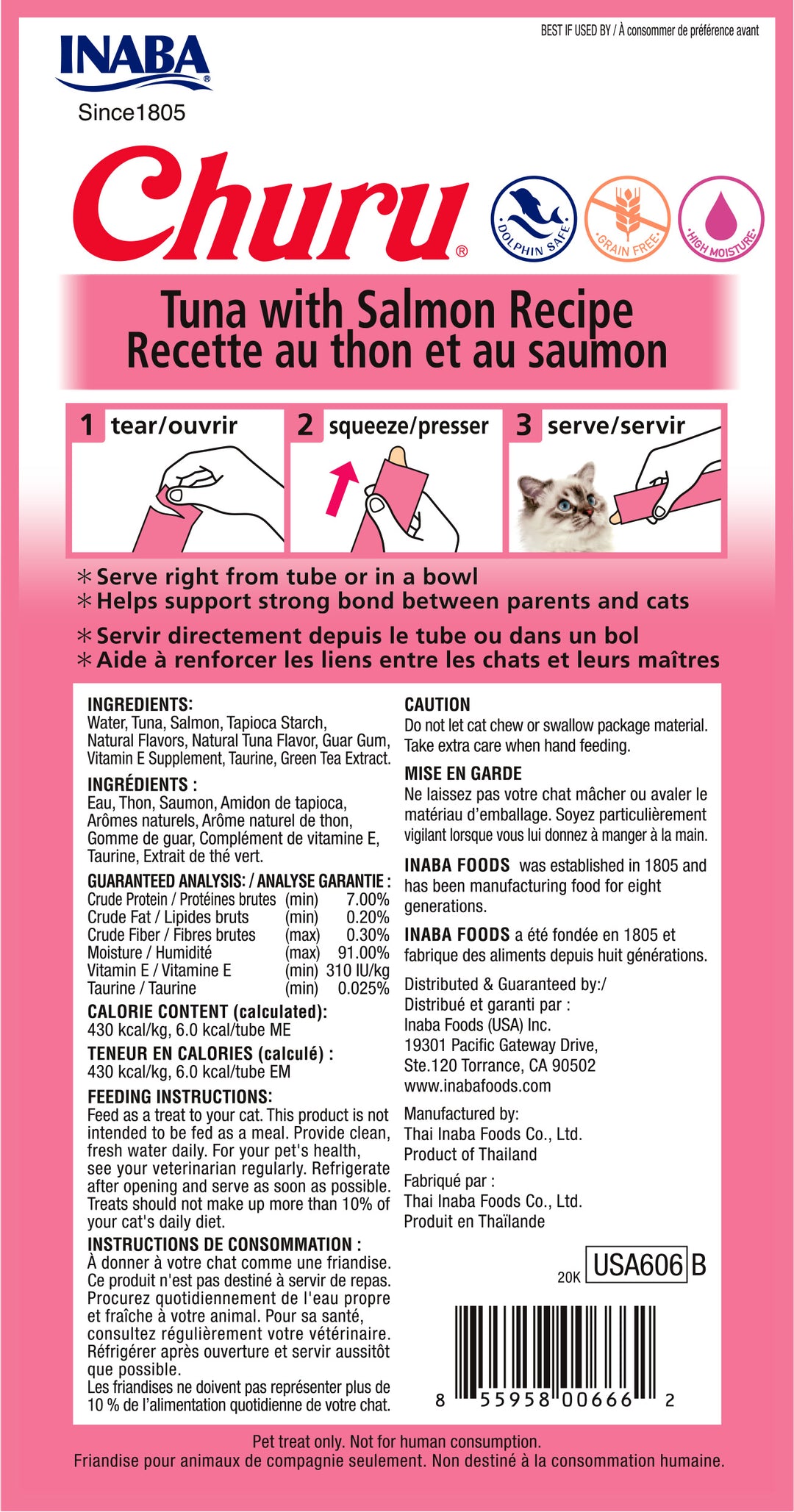 Churu snack líquido sabor atún con salmón para gatos vista trasera información nutricional