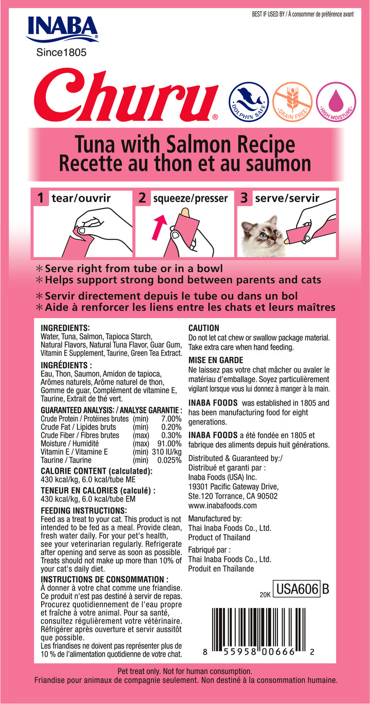 Churu snack líquido sabor atún con salmón para gatos vista trasera información nutricional