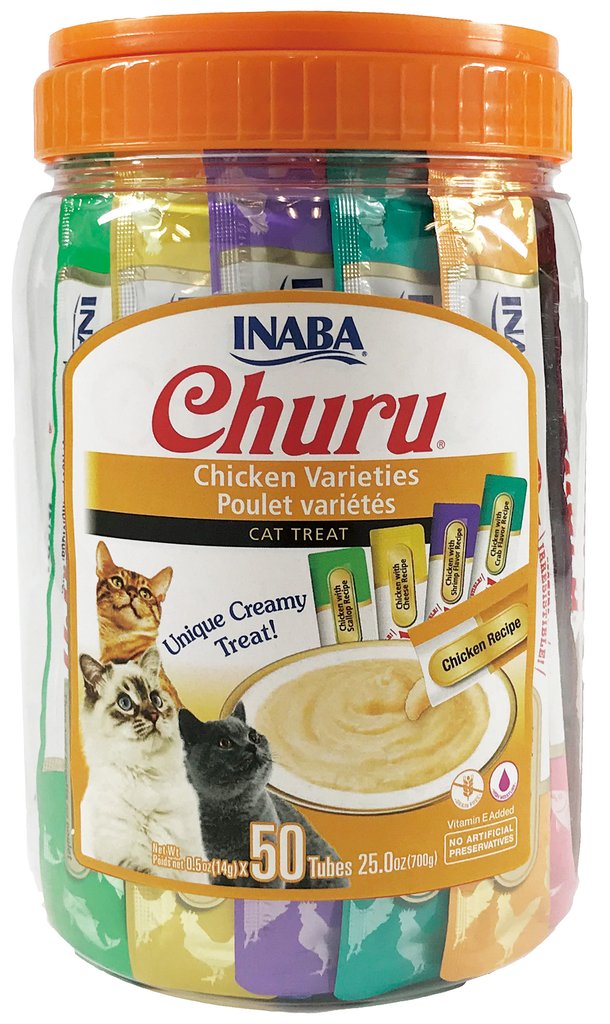 Churu snack variedades pollo pack 50 unidades para gatos empaque