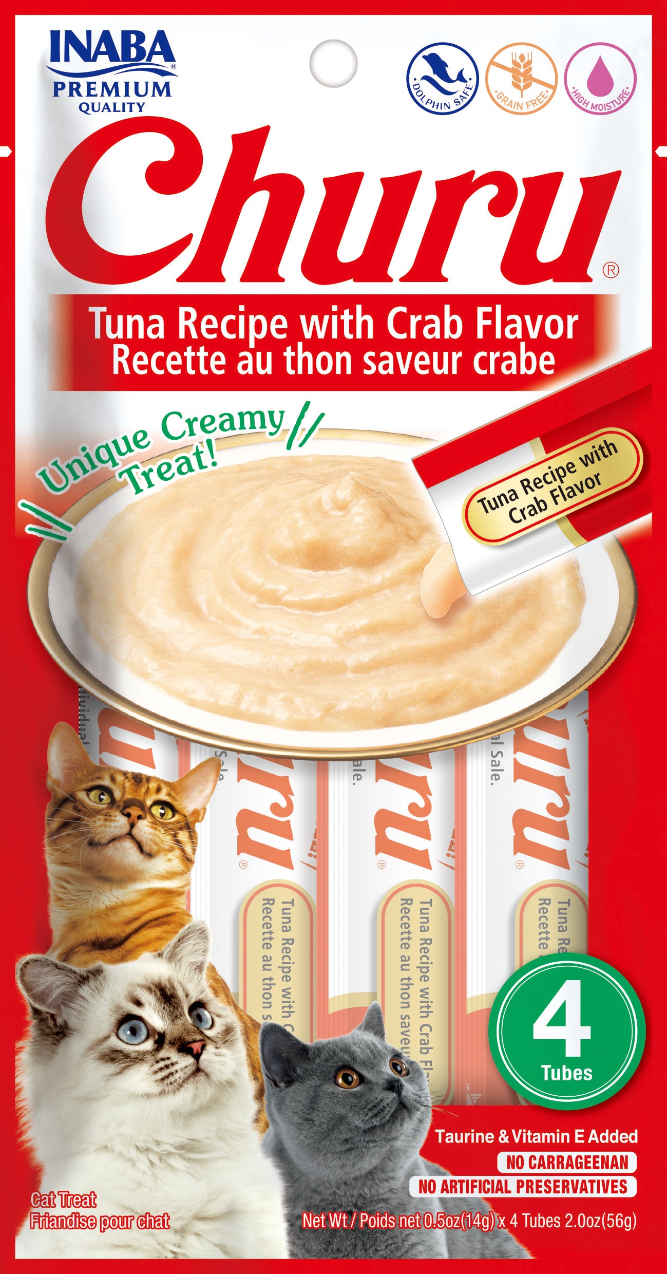 Churu snack líquido sabor atún con cangrejo para gatos 4 tubos 14 grs vista frontal