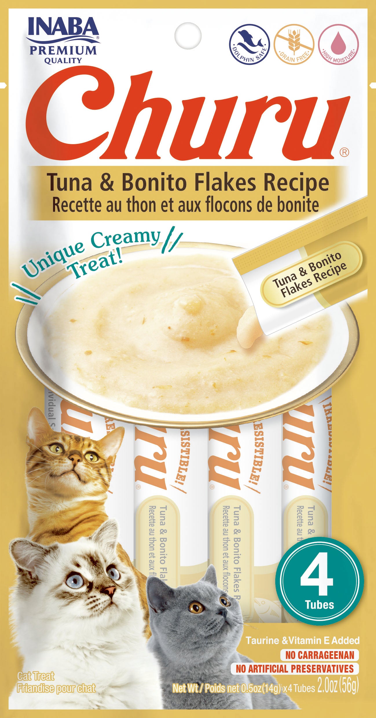Churu snack líquido sabor atún con hojuelas de bonito para gatos 4 tubos 14 grs vista frontal