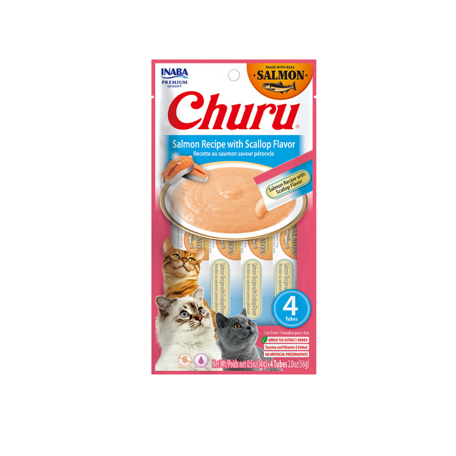 Churu snack líquido salmón con ostiones para gatos 4 tubos 14 grs vista frontal