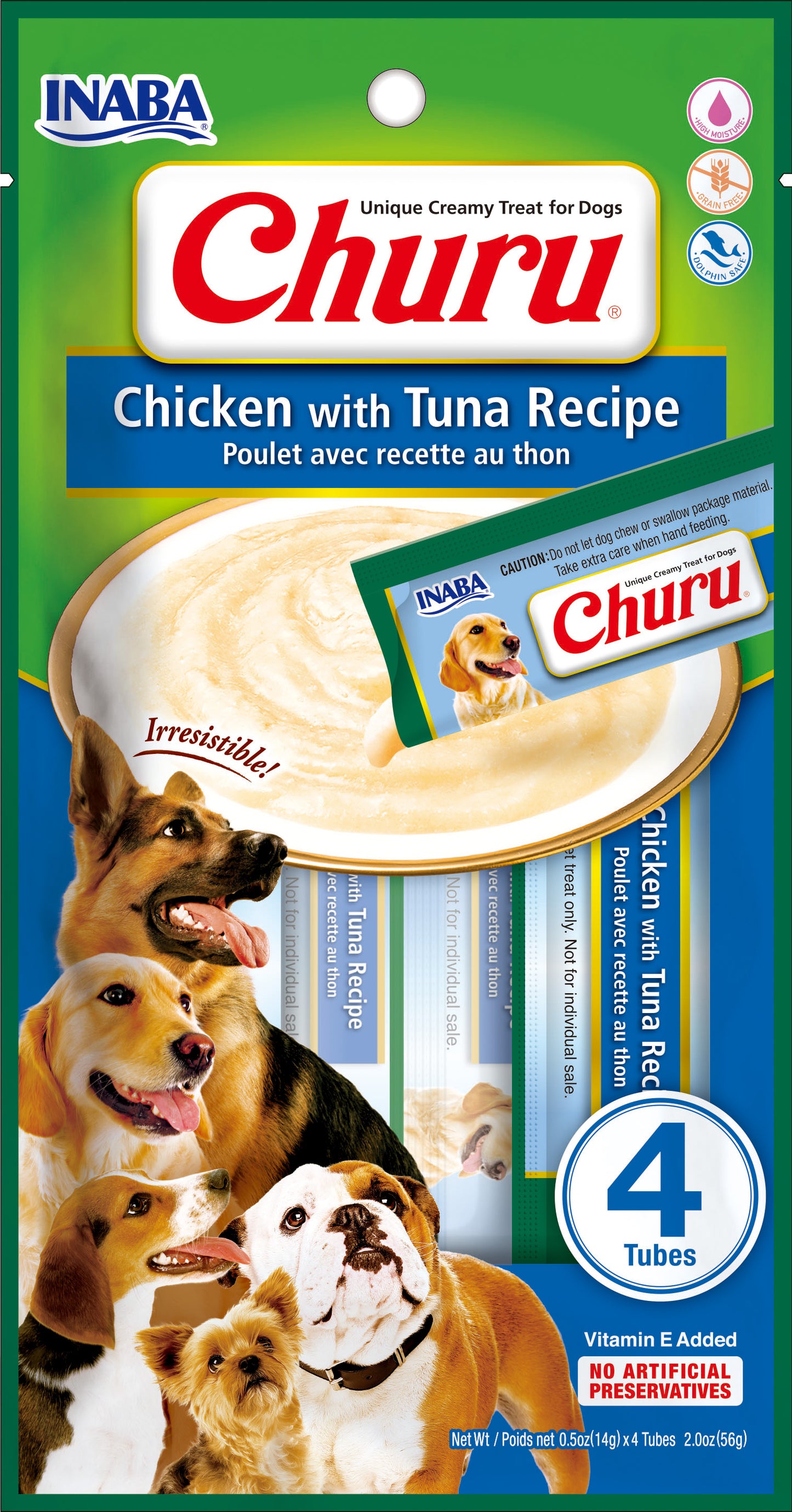 Churu snack líquido pollo con atún para perros 4 tubos 14 grs vista frontal