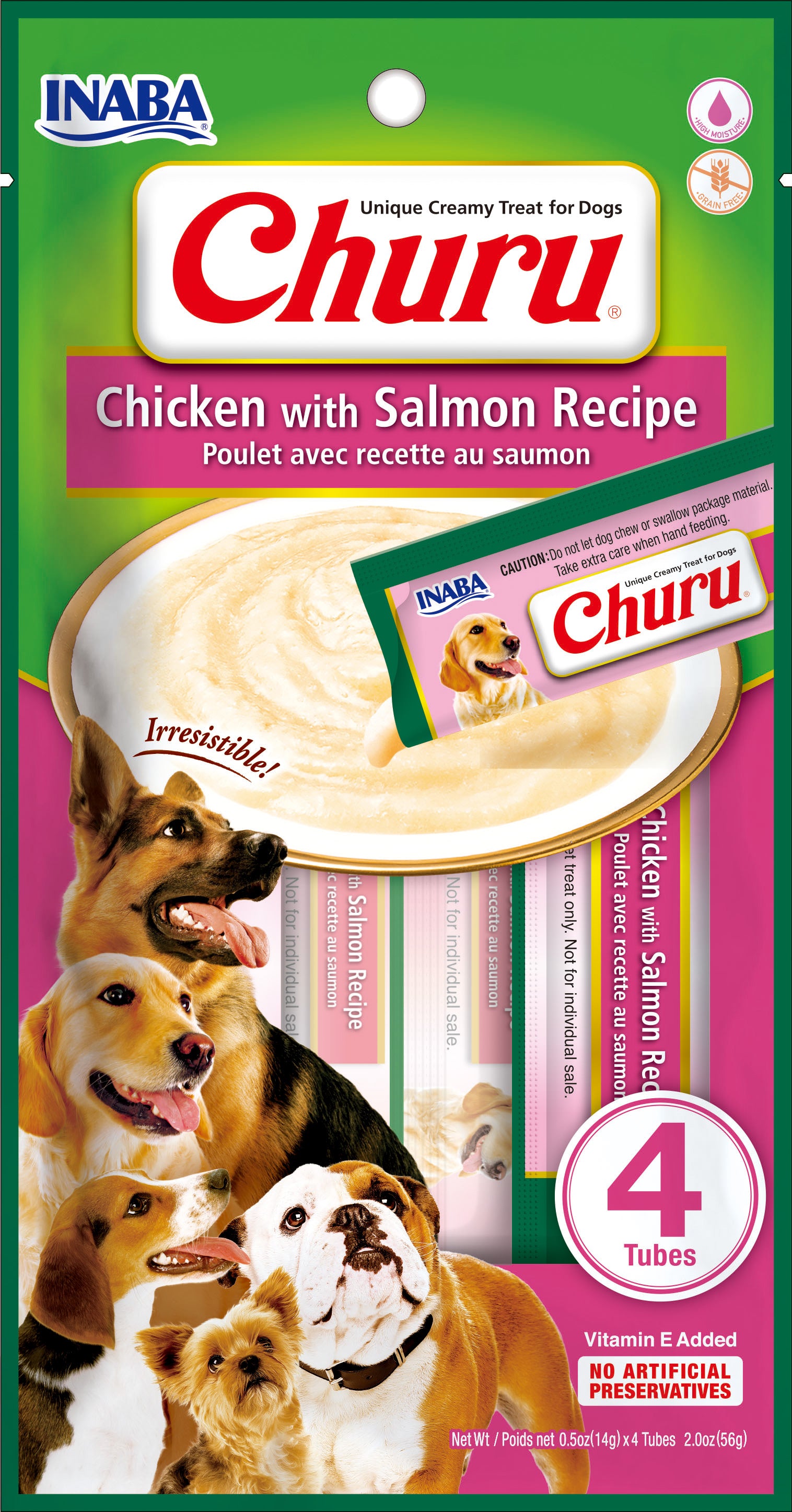 Churu snack líquido sabor salmón para perros 4 tubos 14 grs vista frontal
