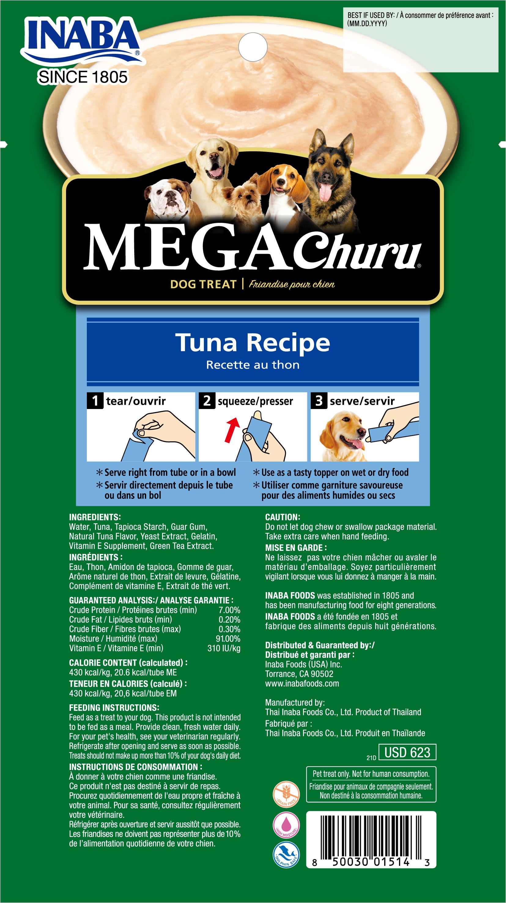 Mega Churu snack líquido sabor atún para perros vista trasera información nutricional