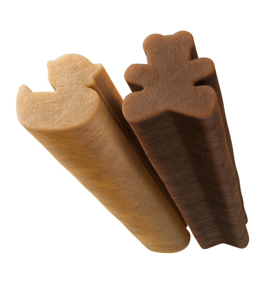 Las dos formas del snack dental Whimzees Puppy: patito de goma y osito