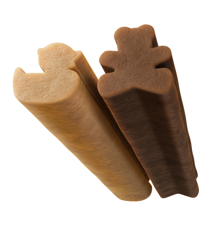 Las dos formas del snack dental Whimzees Puppy: patito de goma y osito