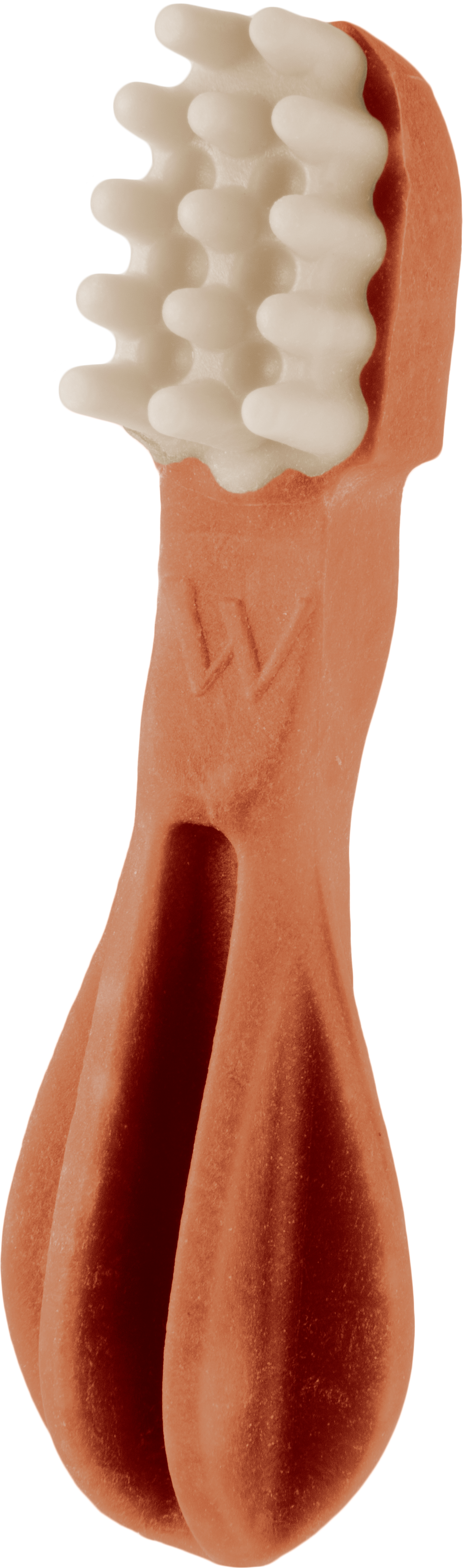 Snack dental Whimzees Toothbrush rojo talla M, con sus ranuras y relieves