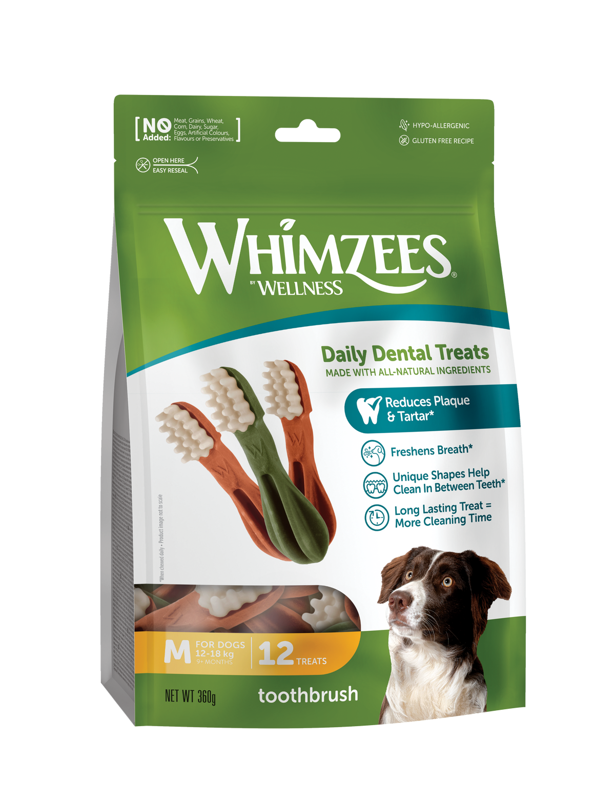 Bolsa de Whimzees Toothbrush talla M de 12 unidades, vista en ángulo izquierdo