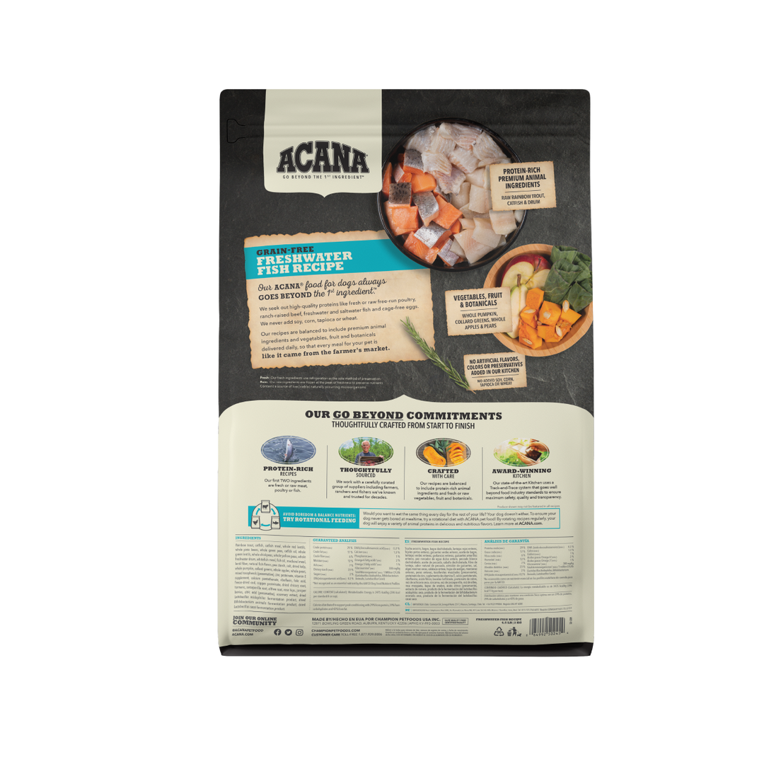 Acana Freshwater Fish libre de granos 11.4 kg alimento para perros vista trasera