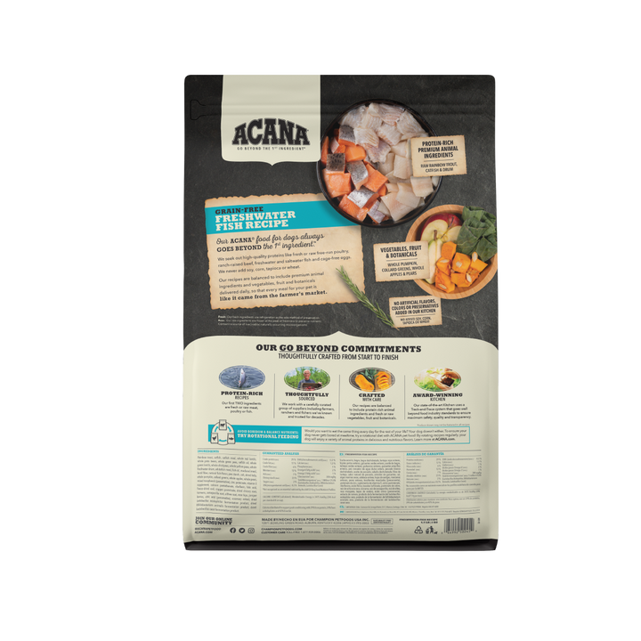 Acana Freshwater Fish libre de granos 11.4 kg alimento para perros vista trasera