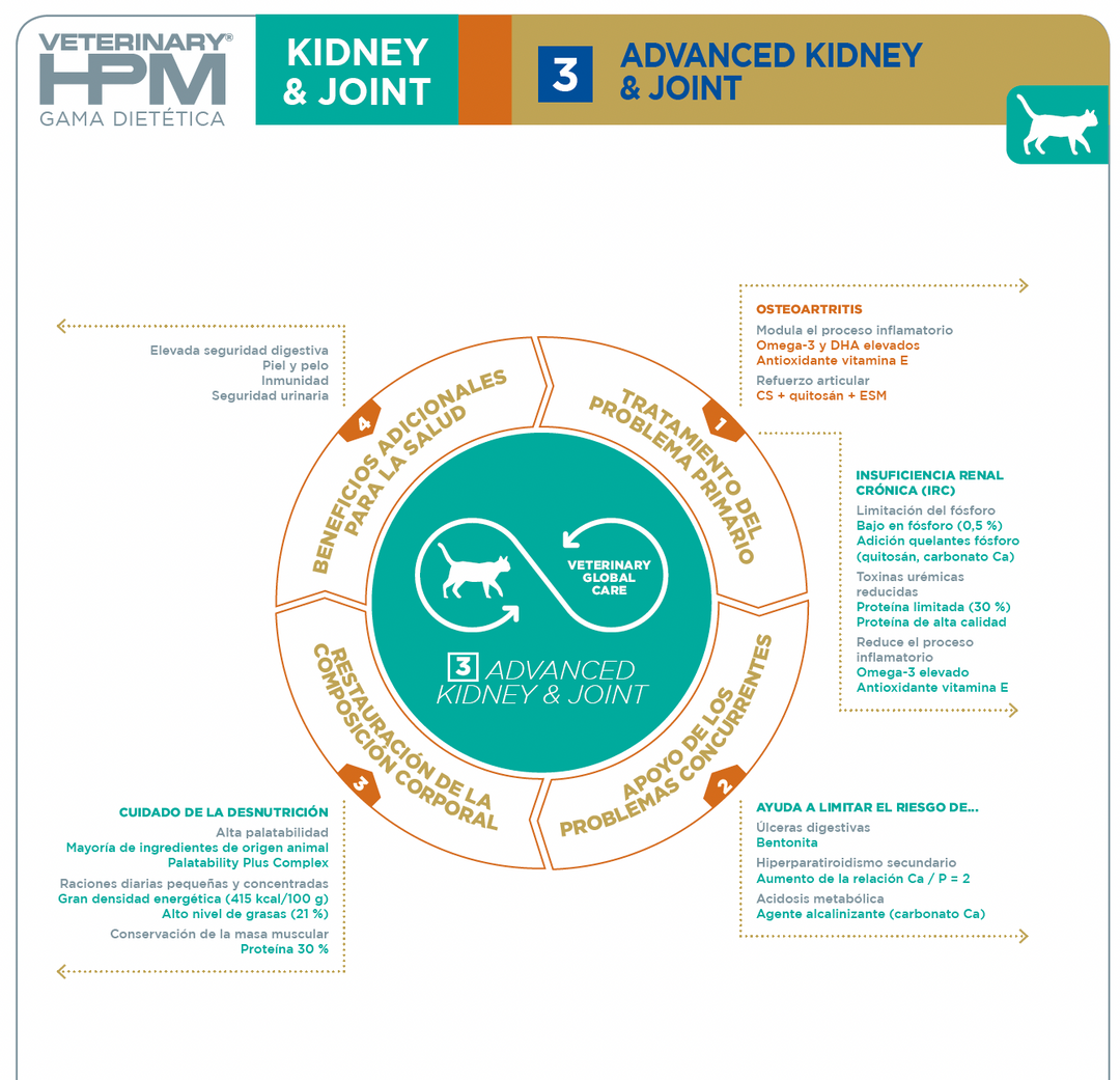 Virbac gato HPM Advanced Kidney &amp; Joint información nutricional
