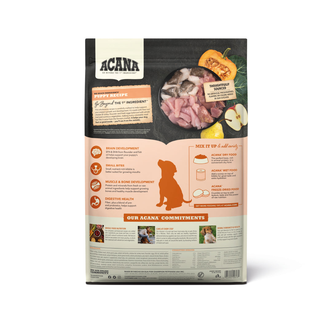 Acana Puppy & Junior libre de granos 2 kg saco reverso información nutricional