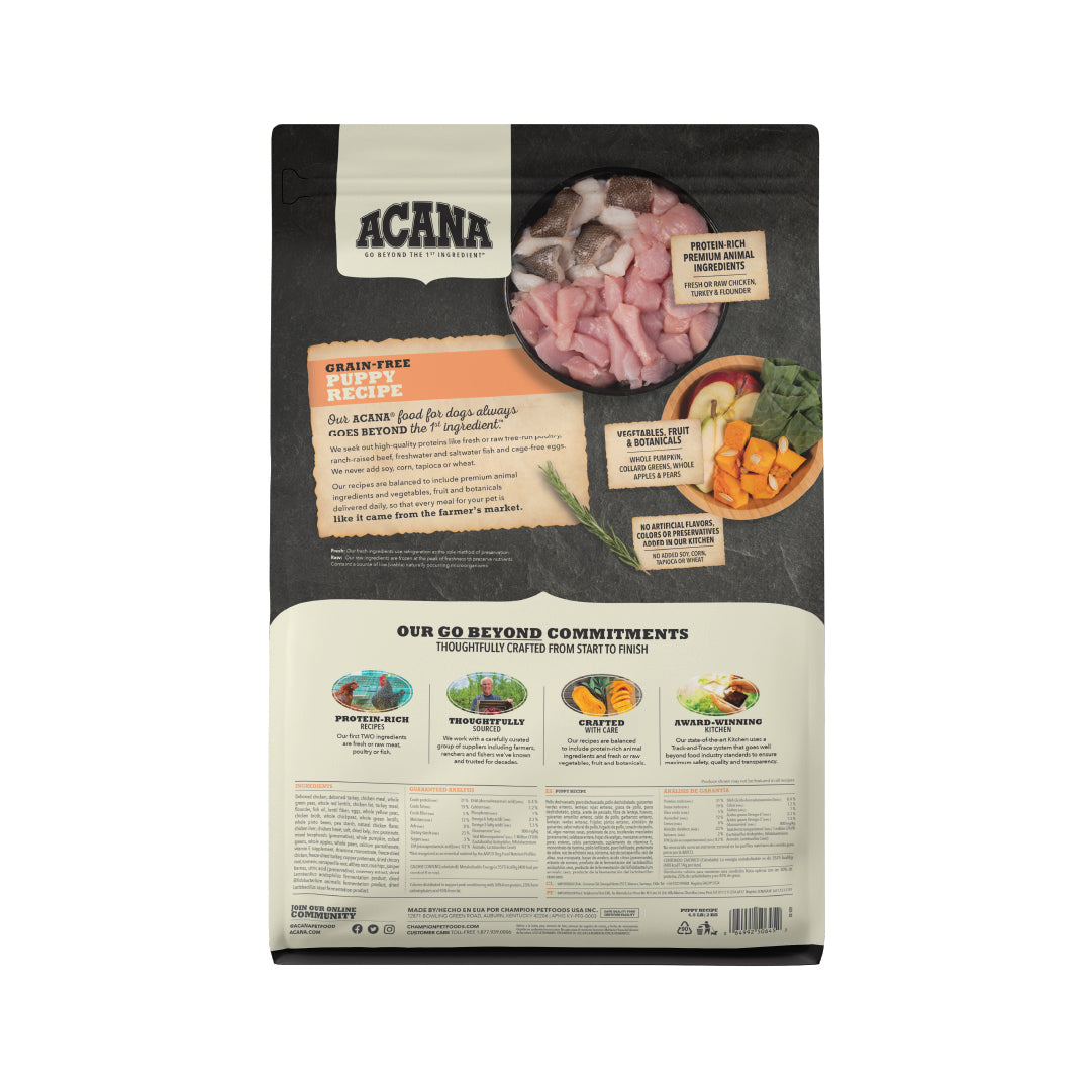 Acana Puppy & Junior libre de granos 5.9 kg saco reverso información nutricional