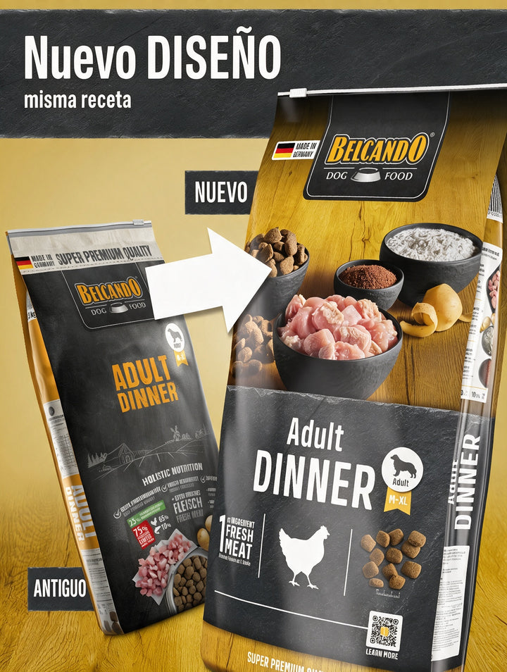 Belcando Adult Dinner: comparación del envase antiguo y el nuevo diseño, con la misma receta