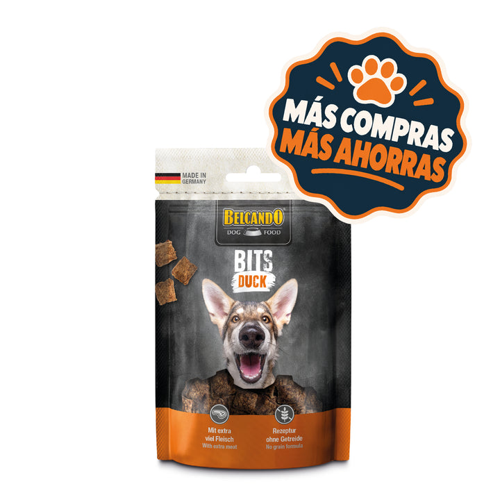 Belcando snack para perros Bits Pato 90 g, bocados de pato, envase con el sello de promoción Más Compras Más Ahorras