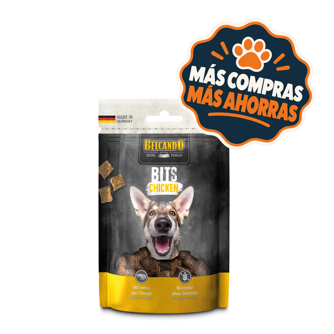 Belcando snack para perros Bits Pollo 90 g, bocados de pollo, envase con el sello de promoción Más Compras Más Ahorras