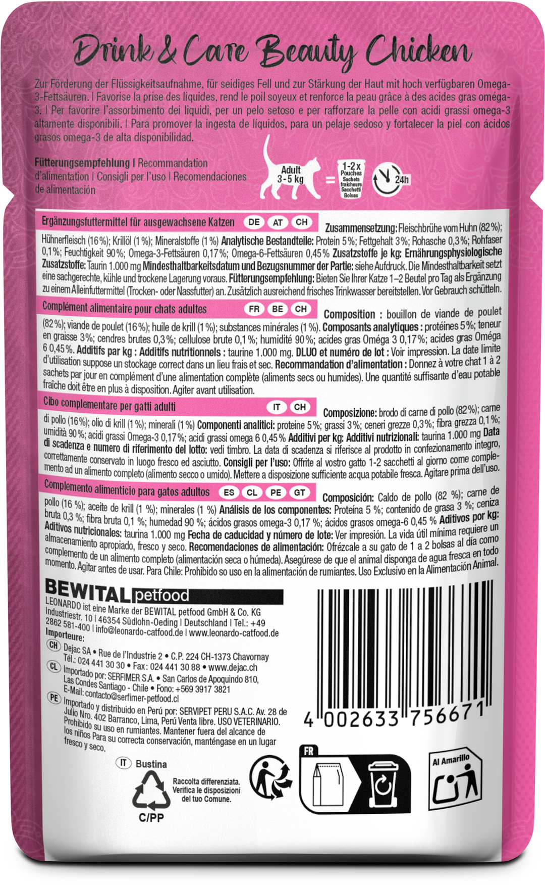Leonardo gato Drink &amp; Care Beauty pouch 40 grs reverso
