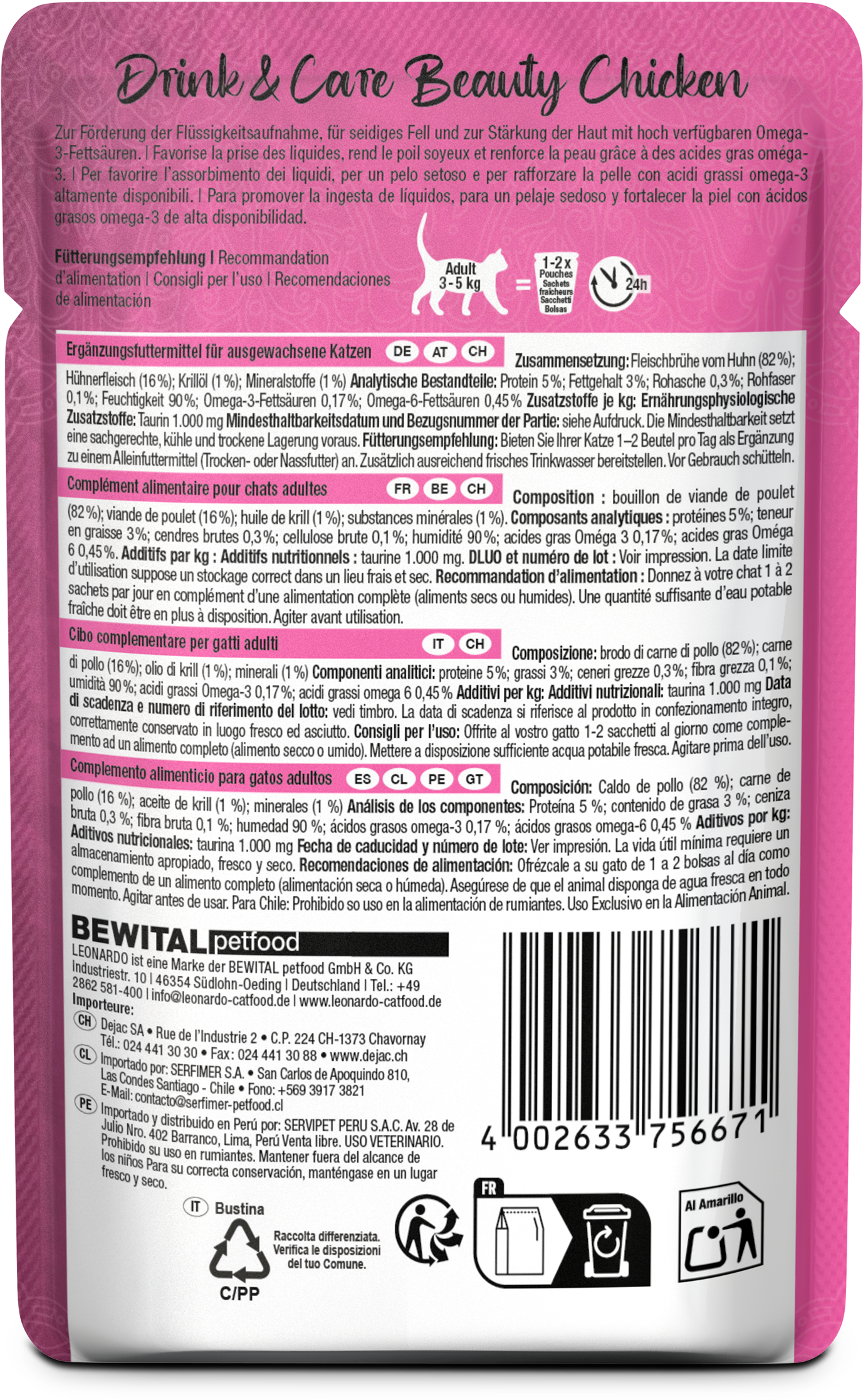 Leonardo Gato Drink & Care Beauty Pollo Display Pouch 40 Grs.