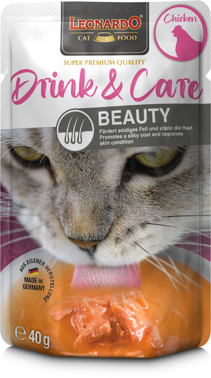 Leonardo Gato Drink & Care Beauty Pollo Display Pouch 40 Grs.