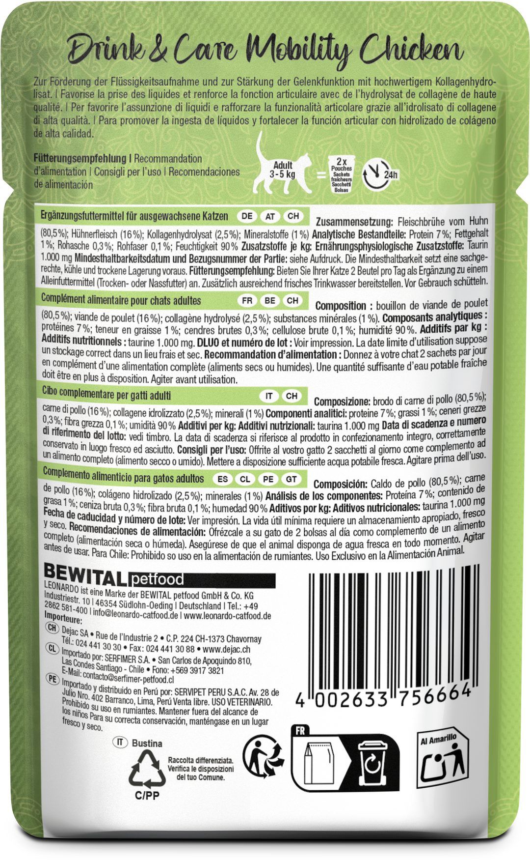 Leonardo gato Drink &amp; Care Mobility pouch 40 grs reverso