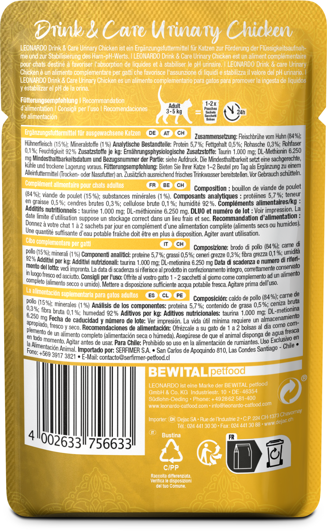 Leonardo gato Drink &amp; Care Urinary pouch 40 grs reverso
