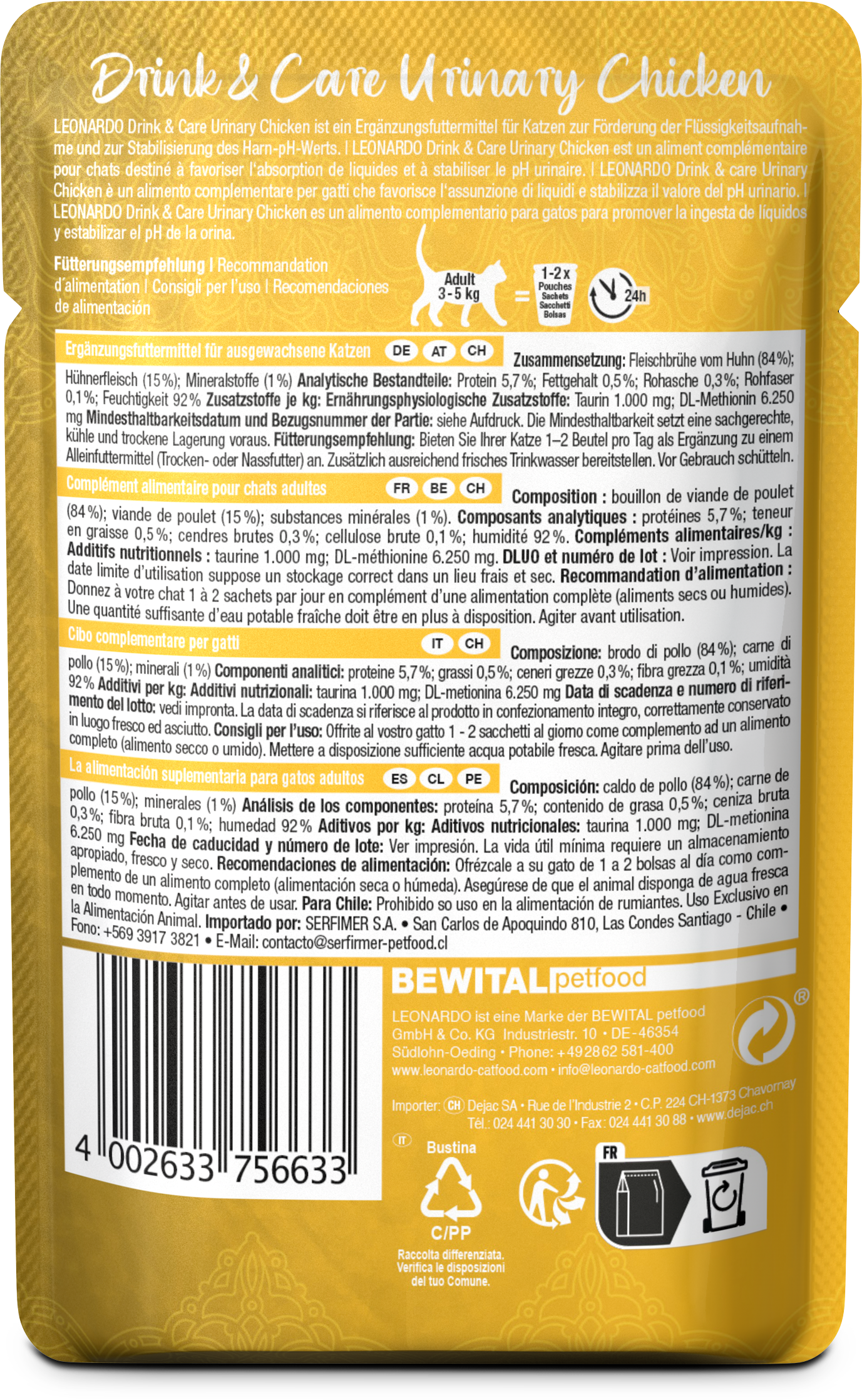 Leonardo Gato Drink & Care Urinary Pollo Pouch 40 Grs.