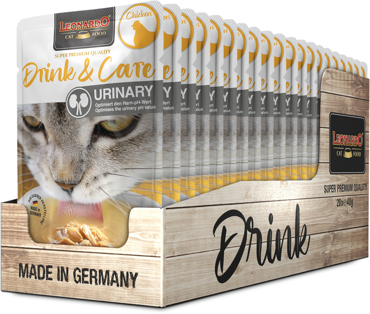 Leonardo Gato Drink & Care Urinary Pollo Display Pouch 40 Grs x 20 Uds.