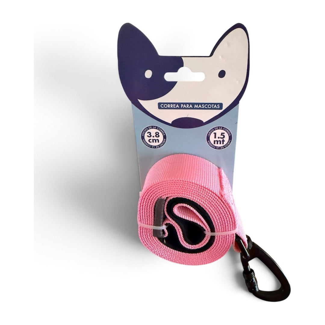 Correa Buen Amigo para perros de 1,5 metros y 3,8 cms de ancho, color rosado, en su envase