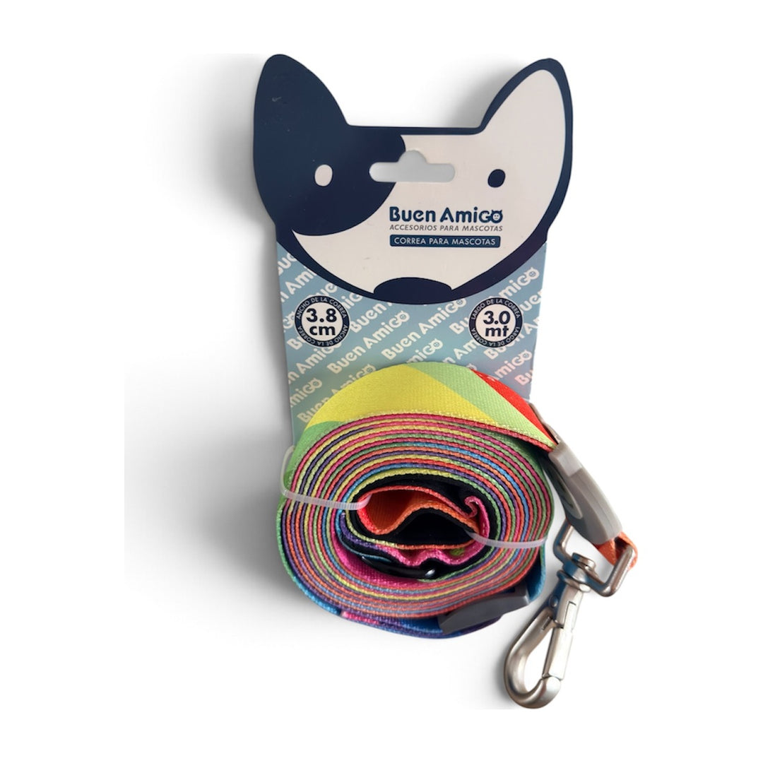Correa Buen Amigo para perros de 3 metros y 3,8 cms de ancho, color arcoíris, en su envase