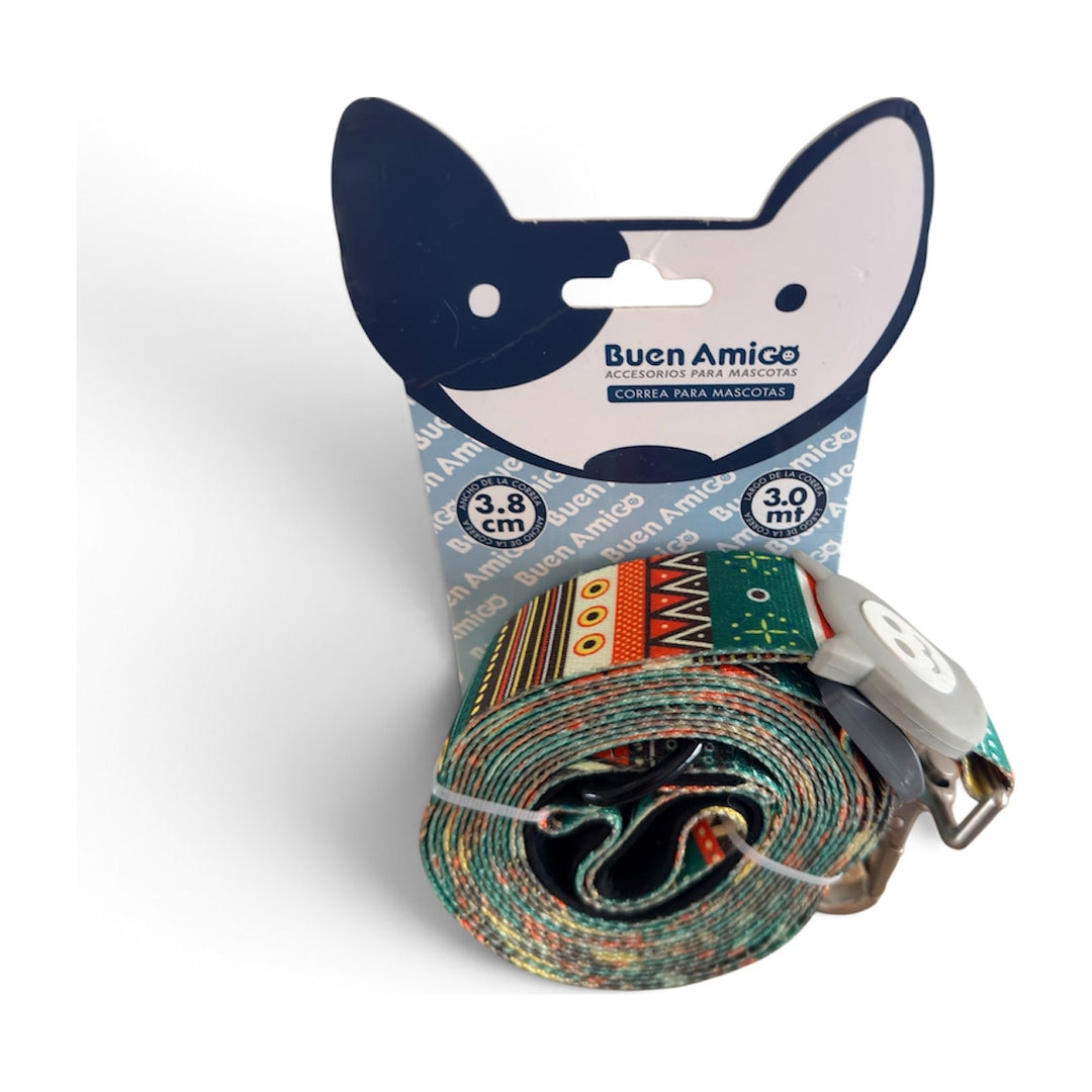 Correa Buen Amigo para perros de 3 metros y 3,8 cms de ancho, color multicolor, en su envase