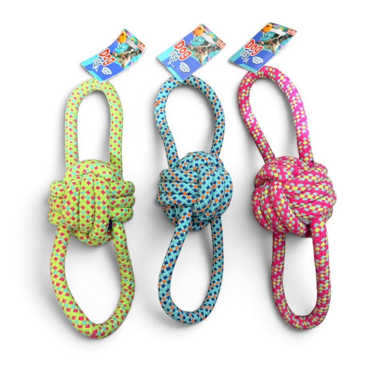 Juguete de cuerda con pelota de nudo y sonido para perros en sus tres colores: verde, celeste y rosado