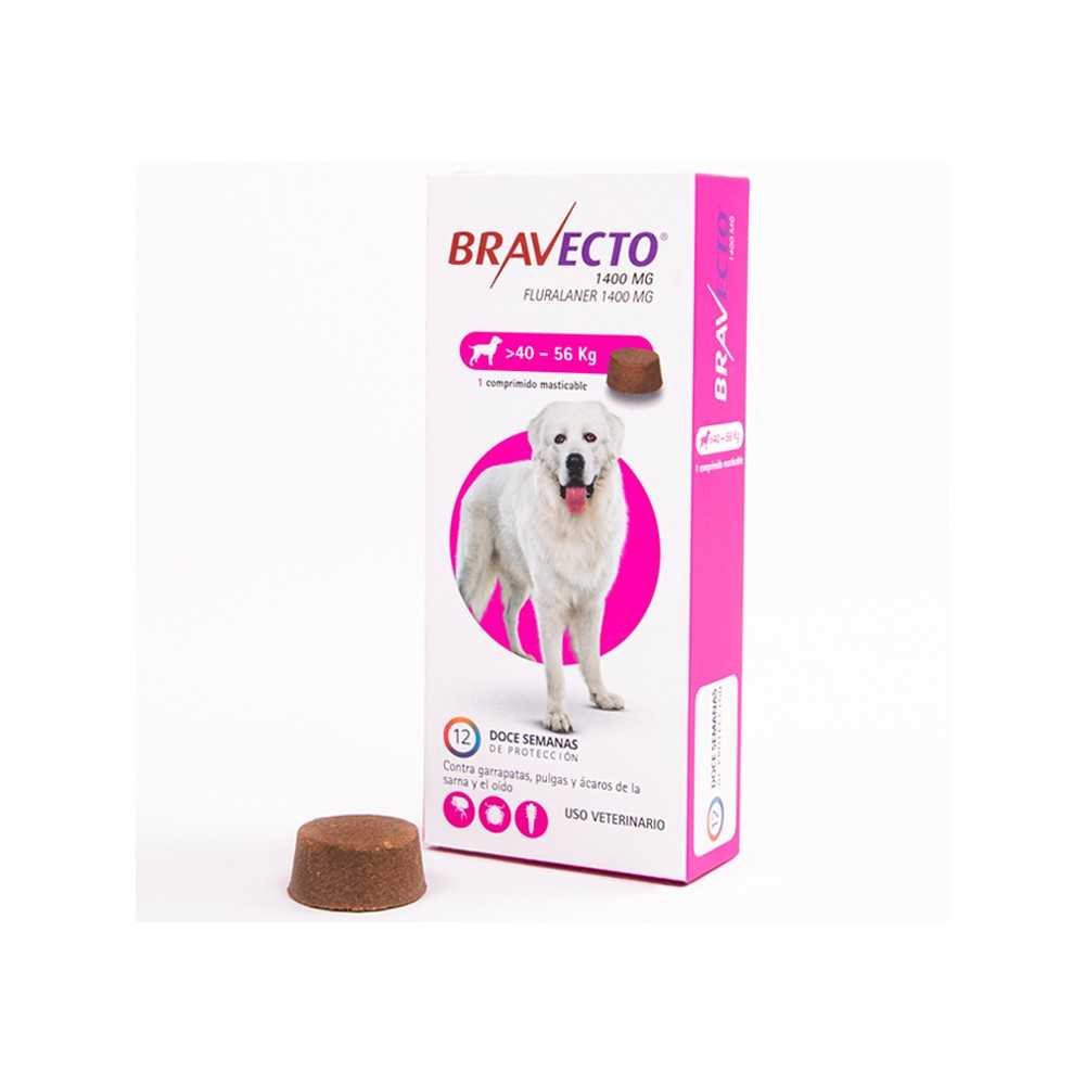 Bravecto antiparasitario para perros de 40 a 56 kg, envase y comprimido