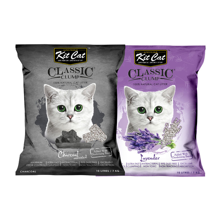 Kit Cat Classic Clump arena natural 7 kg en aroma charcoal y lavanda para gatos