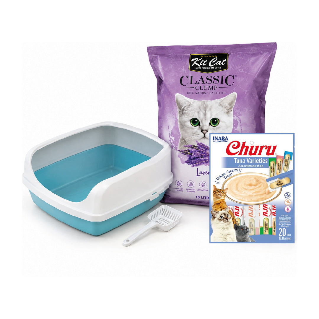 Pack para gatos: arenero con pala, arena Kit Cat 7 kg y Churu 20 tubos
