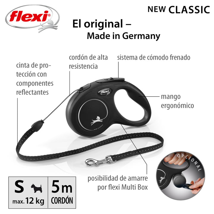Flexi New Classic Correa S Perros Hasta 12 Kgs. Cordón 5 Mts., color negro