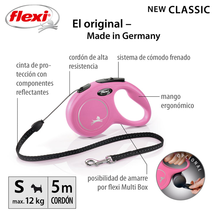Flexi New Classic Correa S Perros Hasta 12 Kgs. Cordón 5 Mts., color rosado
