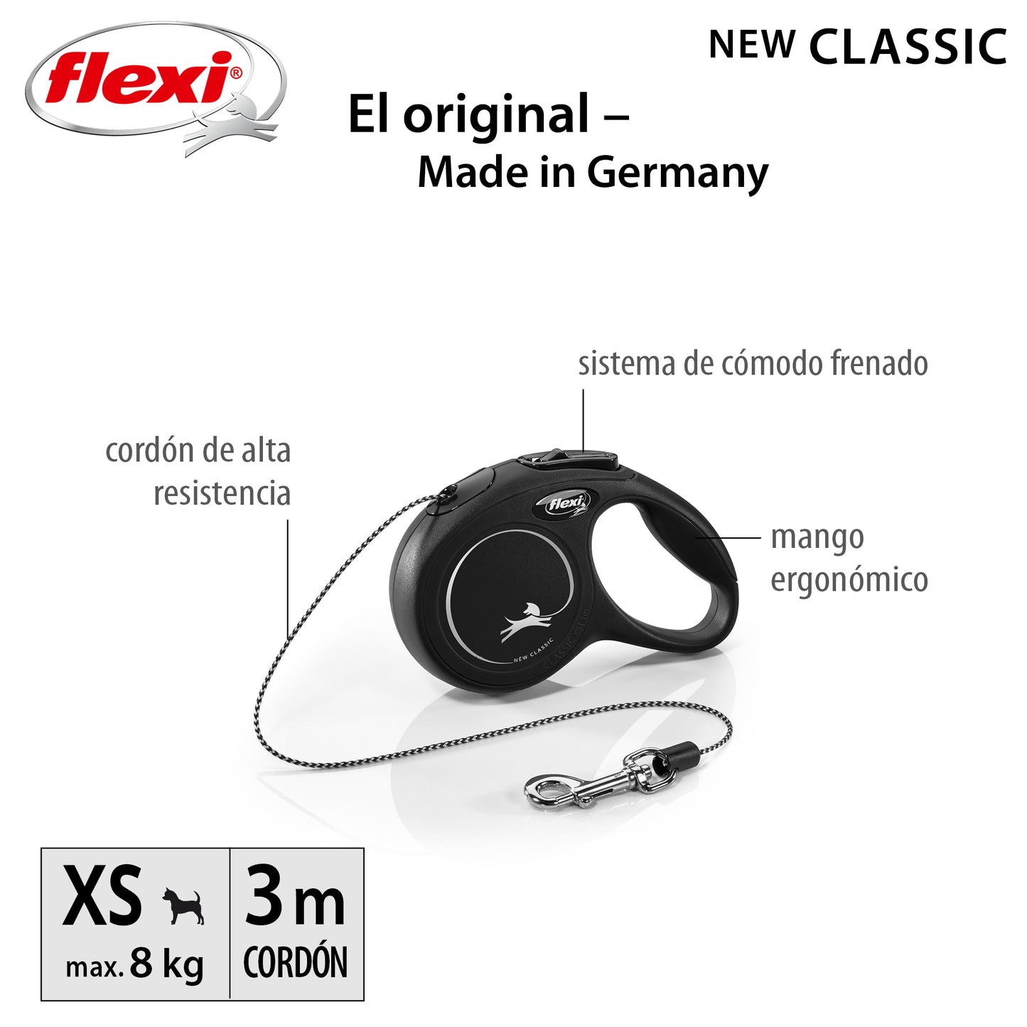 Flexi New Classic Correa Azul XS Perros Hasta 8 Kgs. Cordón 3 Mts.