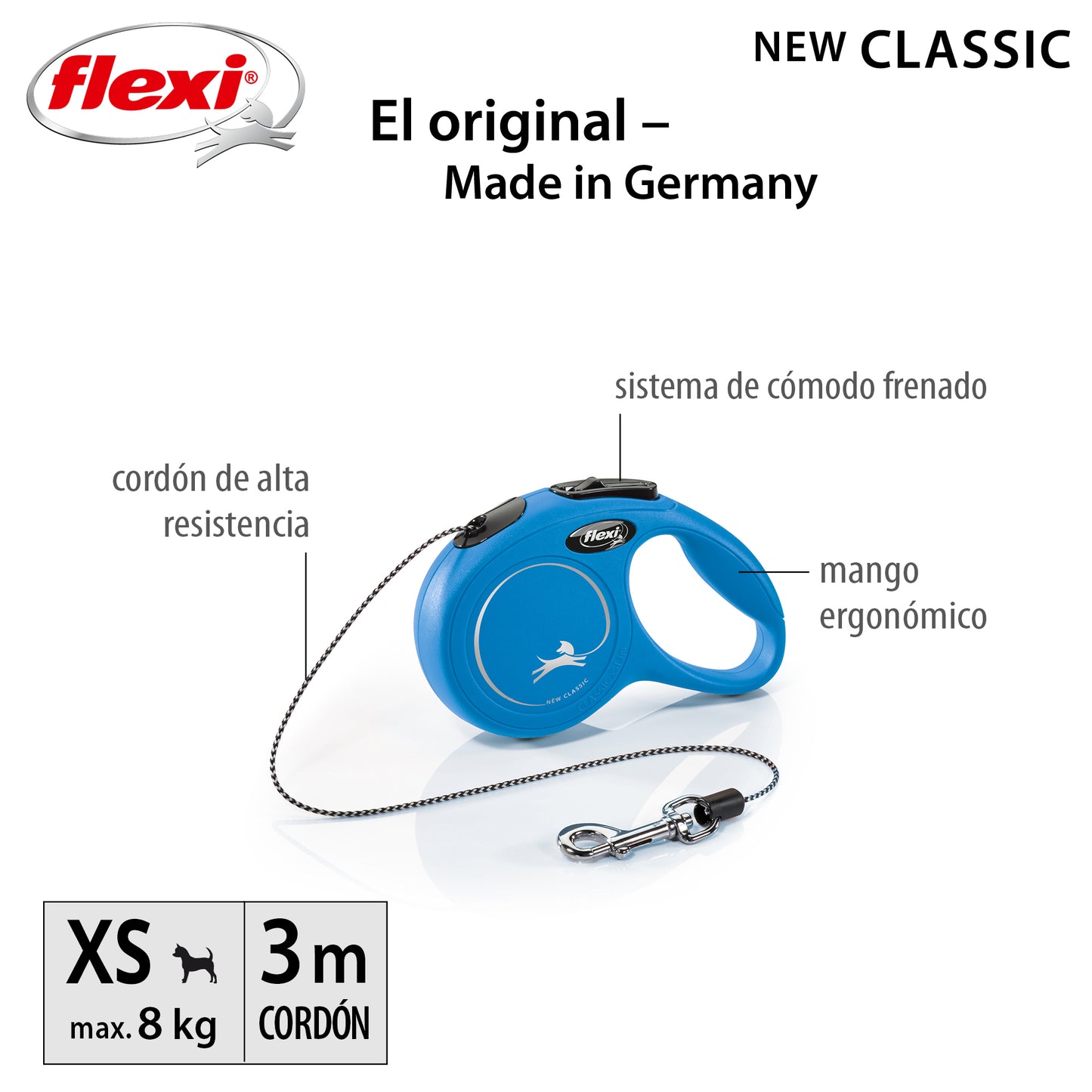 Flexi New Classic Correa Azul XS Perros Hasta 8 Kgs. Cordón 3 Mts.