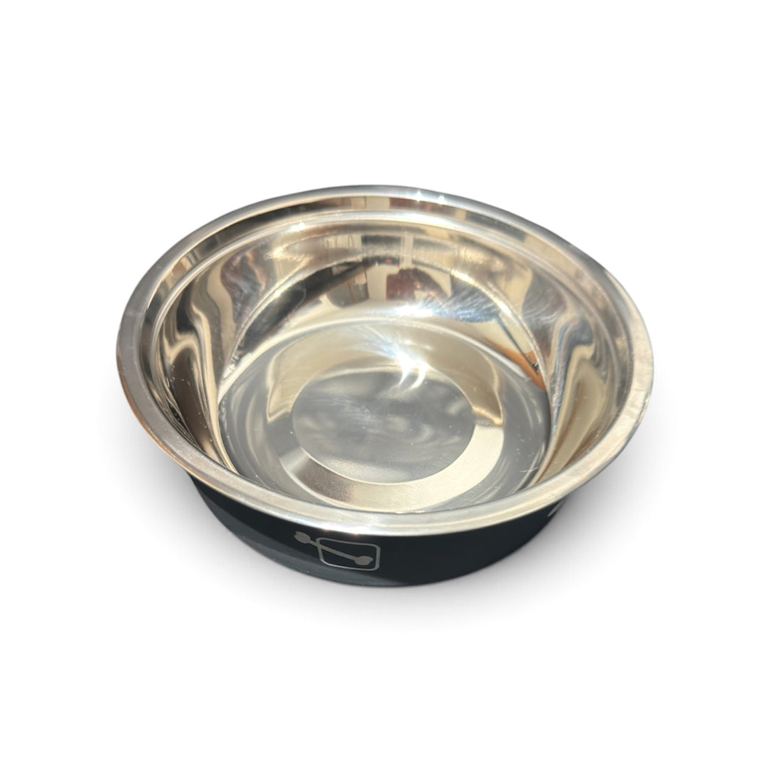 Plato metálico antideslizante Buen Amigo de 250 ml para perros pequeños y gatos, vista del interior metálico y la base antideslizante