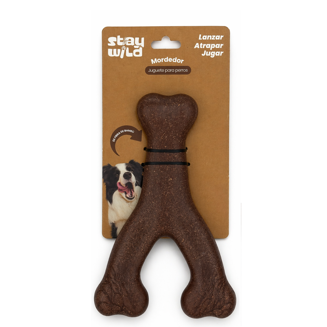 Stay Wild juguete mordedor perro hueso en Y fibra bambú 20 cm vista frontal