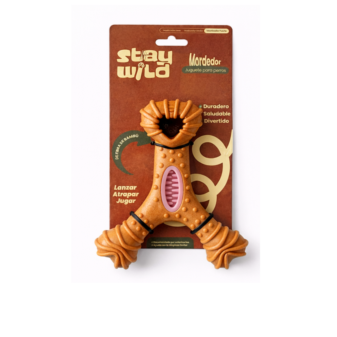 Stay Wild juguete mordedor perro hueso en Y dentado fibra bambú 13 cm vista frontal