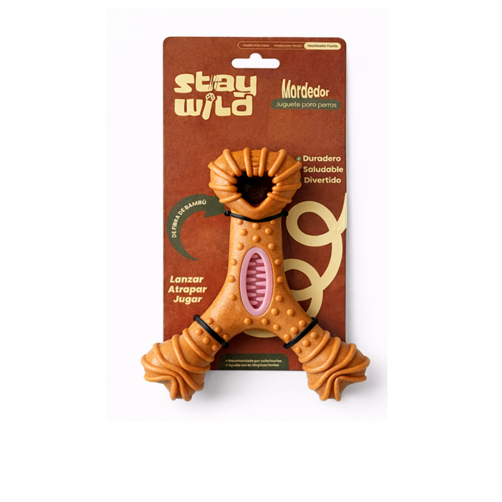Stay Wild juguete mordedor perro hueso en Y dentado fibra bambú 13 cm vista frontal