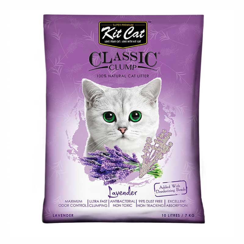 Kit Cat Classic Clump arena natural lavanda 7 kg empaque detalle