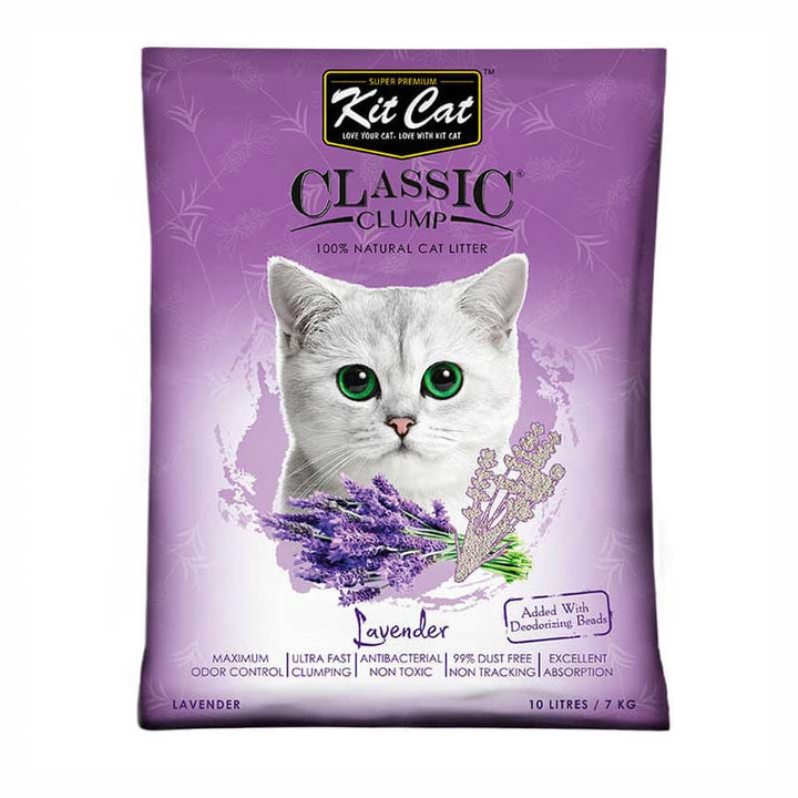 Kit Cat Classic Clump arena natural lavanda 7 kg empaque detalle