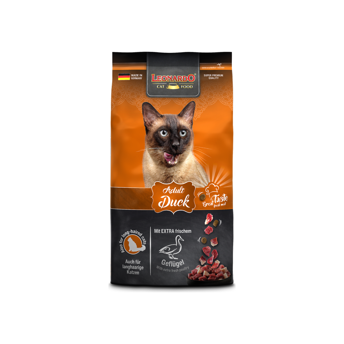 Leonardo Adult Duck alimento seco para gatos empaque frontal